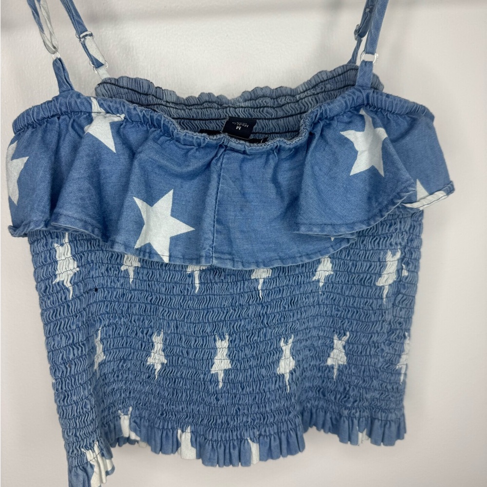 Denim Blue Star Print Smocked Crop Top